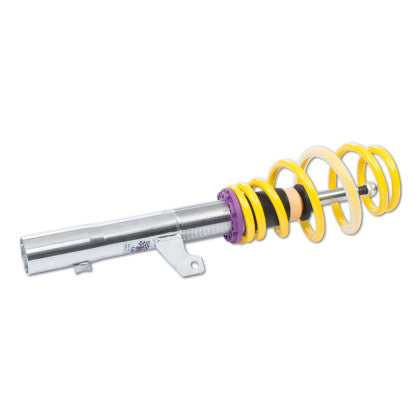 1 vehicle suspension chrome coilover and yellow spring with purple fitting.