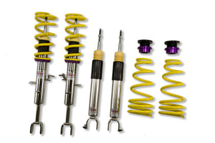 2 vehicle suspension assembled chrome coilovers with yellow springs and purple accentys, 2 chrome coiloverts and 2 yellow springs along with 2 purple accented fittings,