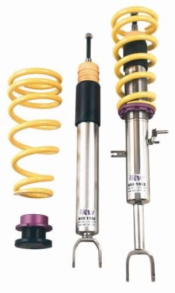 1 assembled chrome body coilover with yellow spring and purple accented fitting, 1 cheome coilover and 1 yellow spring along with 1 black and purple accented fitting.