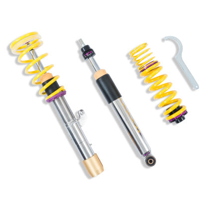1 assembled vehicle suspension chrome body coilover with yellow spring and purple accented fittings, 1 chrome body coilvoer strut and 1 yellow spring with purplke accented fittings, 1 coilover adjustment tool.