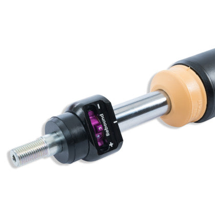 End of coilover showing black and purple rebound adjustment knob.