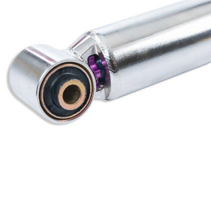 End of chrome body coilover showing purple height adjuster,
