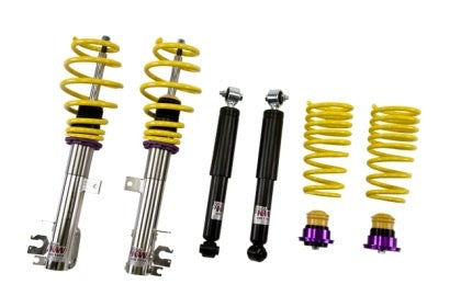 2 assembled vehicle suspension chrome coilovers with yellow springs, 2 black coilovers and 2 yellow springs with 2 fittings.