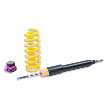 1 vehicle suspension black body coilover with 1 yellow spring and 1 purple and black end fitting,