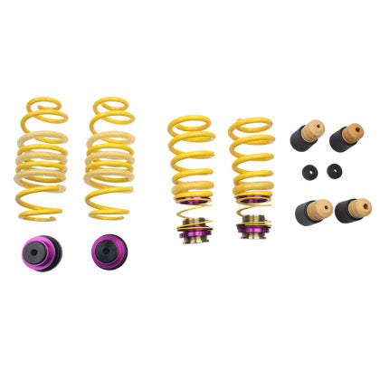 4 yellow vehicle suspension height adjustable springs with threaded adjuster fittings and end fittings