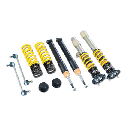 Vehicle adjustable suspension coilover kit with two fully assembled coilvers, two black struts and two yellow lowering springs along with end links 