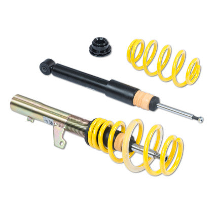 One vehicle suspension coilover, one unsleeved coilover black strut and one coilover yellow spring with end fitting