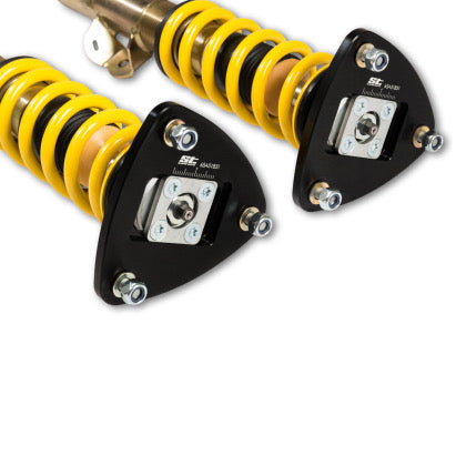 Adjustment plates at end of two adjustable vehicle suspension coilovers
