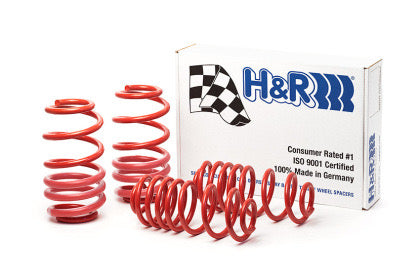 H&R Springs product box and 3 vehicle suspension red lowering springs
