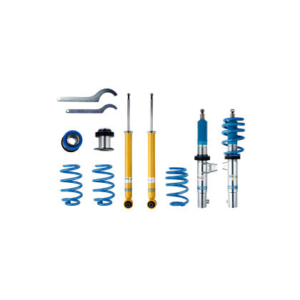 2 Bilstein chrome bodied vehicle suspension coilovers with blue strut sleeve and 1 fitted with blue spring, 2 yellow bodied Bilstein coilover struts, 2 blue spring, 2 spring perches and 2 coilover adjustment tools.
