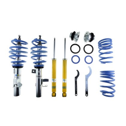 2 Bilstein chrome body vehicle suspension coilovers with blue springs, 2 Bilstein yellow bodied coilover struts, 2 blue coilover springs, fittings and 2 coilover adjustment tools.