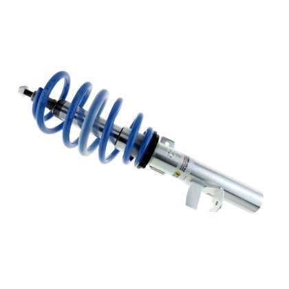 Single Bilstein chrome bodied vehicle suspension coilover with fitted blue spring.