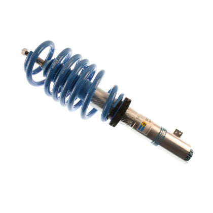 Single Bilstein zinc plated coilover with fitted blue strut sleeve and blue spring.
