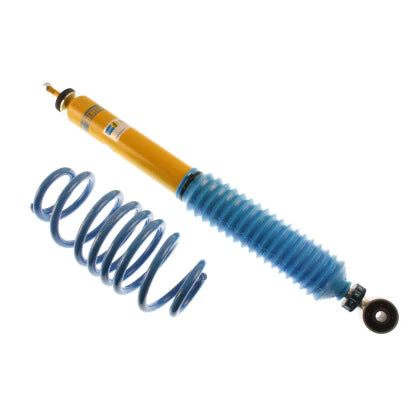 Single Bilstein yellow bodied coilover strut with fitted blue sleeve and 1 blue spring.
