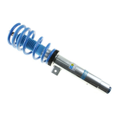 Single Bilstein zinc plated coilover with fitted blue strut sleeve and blue spring.