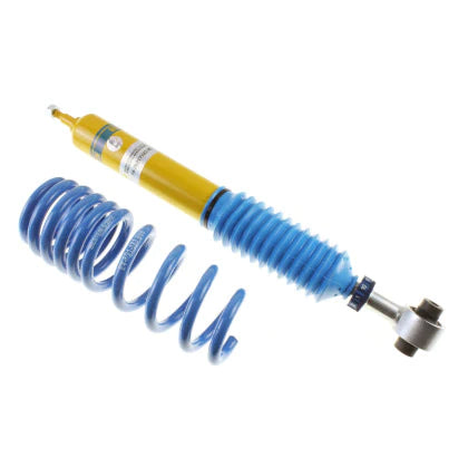 Single Bilstein yellow bodied coilover strut with fitted blue sleeve and 1 blue spring.