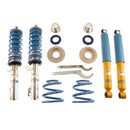 2 Bilstein chrome body vehicle suspension coilovers with blue springs, and blue strut sleeve, 2 Bilstein yellow bodied coilover struts with blue sleeves, 2 blue springs, fittings and 2 coilover adjustment tools.