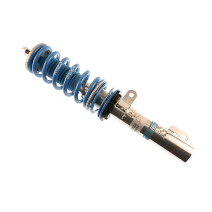 Single Bilstein chrome bodied vehicle suspension coilover with fitted blue strut sleeve and blue spring.