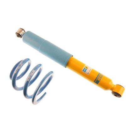 Single Bilstein yellow bodied coilover strut with blue sleeve and blue spring.