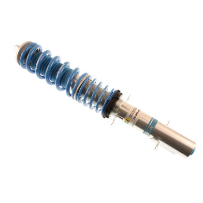 1 zinc coated vehicle suspension coilover with blue strut sleeve and blue spring.