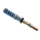 1 zinc coated vehicle suspension coilover with blue strut sleeve and spring.