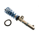 Single Bilstein vehicle suspension zinc plated coilover woith fitted blue strut sleeve and blue spring.