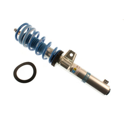 Single Bilstein zinc plated vehicle suspension coilvoer with fitted blue strut sleeve and fitted blue spring, one o-ring.