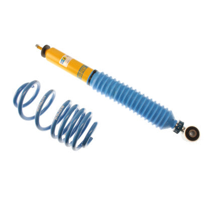 Single yellow bodied vehicle suspension coilover with fitted blue sleeve and 1 blue spring.