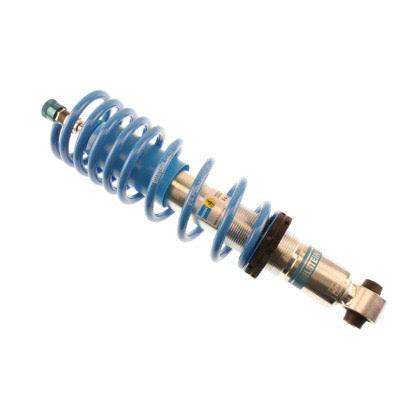 Single zinc plated vehicle suspension coilover with fittd blue strut sleeve and fitted blue spring.
