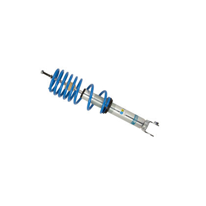 Single Bilstein zinc plated vehicle suspension coilover with fitted blue spring.