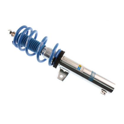 1 zinc coated body vehicle suspension coilover with blue strut sleeve and blue spring.