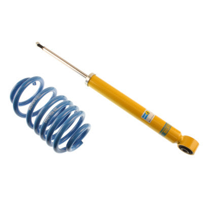 1 yellow body vehicle suspension coilover with 1 blue spring.