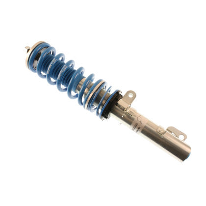 Single Bilstein zinc plated vehicle suspension coilover with fitted blue strut sleeve and fitted blue spring.