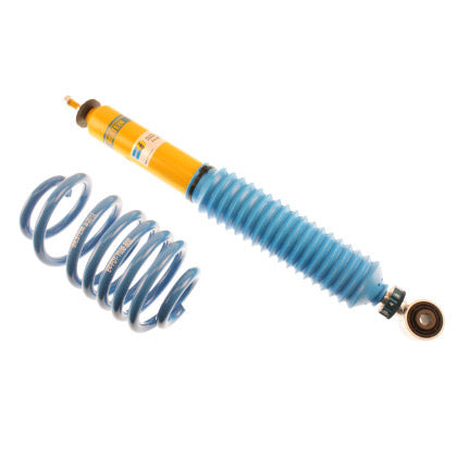1 yellow boided vehicle suspension coilover with blue strut sleeve, 1 blue spring.