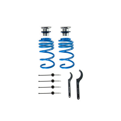 2 blue coilover suspension springs, 2 spring perch fittings and 2 coilover adjustment tools.