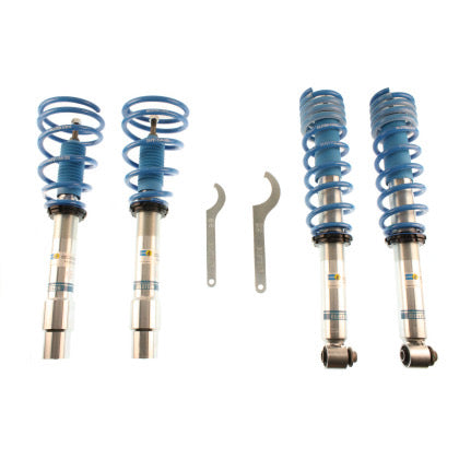 4 Bilstein chrome bodied vehicle suspension coilovers with fitted blue strut sleeves and blue springs.