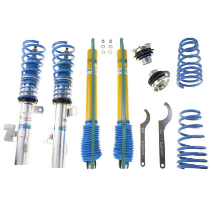 2 zinc plated vehicle suspension coilovers with blue strut sleeves and blue springs, 2 yellow body coilovers with blue sleeve, 2 blue springs and 2 coilover adjustment tools with 2 fittings.