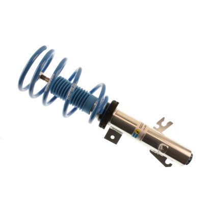 1 zinc plated vehicle suspension coilover with blue strut sleeve and blue spring.