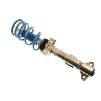1 zinc plated vehicle suspension coilover with blue strut sleeve and blue spring.