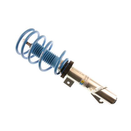 1 zinc plated vehicle suspension coilover with blue strut sleeve and blue spring.