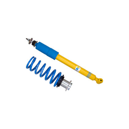 Single yellow bodied vehicle suspension coilover with blue strut sleeve and blue spring with end fitting.
