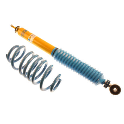 Single Bilstein yellow bodied coilover with fitted blue strut sleeve and single blue spring.