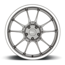 Front face view of a Motegi Racing SS5 cast aluminum 5 double spoke automotive wheel in gun metal gray with machined lip and a Motegi silver logo center cap.
