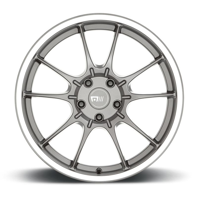 Front face view of a Motegi Racing SS5 cast aluminum 5 double spoke automotive wheel in gun metal gray with machined lip and a Motegi silver logo center cap.