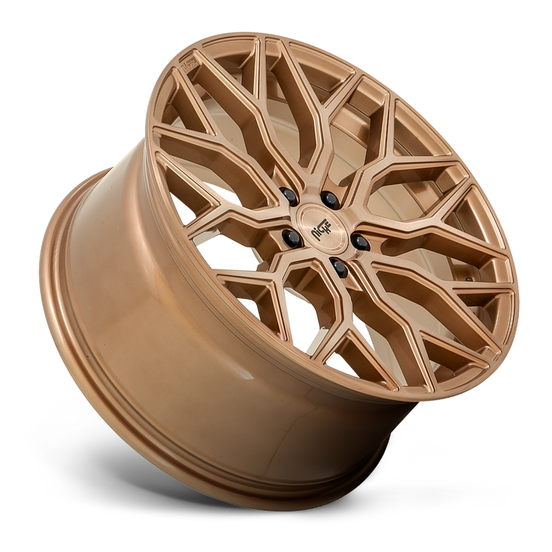 Tilted side view of a Niche Mazzanti monoblock cast aluminum multi spoke automotive wheel in a bronze brushed finish with a Niche black logo center cap.