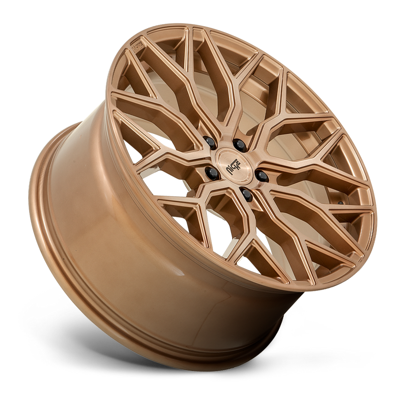 Tilted side view of a Side View of a Niche Mazzanti monoblock cast aluminum automotive wheel in a brushed bronze finish with a Niche logo embossed in the outer edge and with a Niche logo center cap.