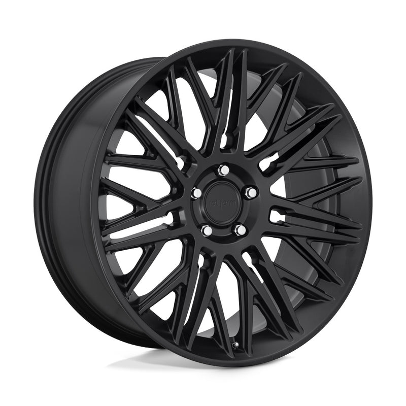 Rotiform JDR a monobock cast aluminum multi spoke automotive wheel in a matte black finish with center cap with a black Rotiform logo.