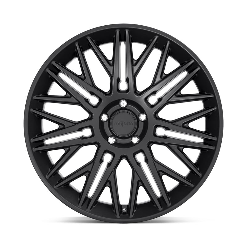 Front face view of a Rotiform JDR a monobock cast aluminum multi spoke automotive wheel in a matte black finish with center cap with a black Rotiform logo.