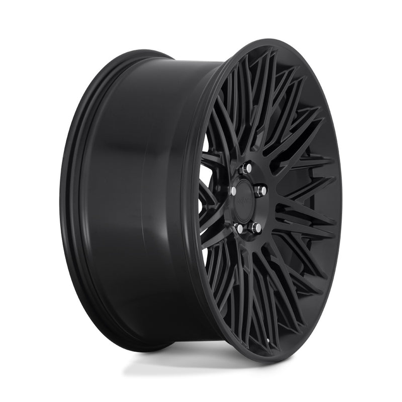 Side view of a Rotiform JDR a monobock cast aluminum multi spoke automotive wheel in a matte black finish with center cap with a black Rotiform logo.