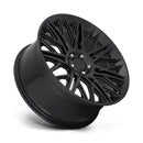 Tilted side view of a Rotiform JDR a monobock cast aluminum multi spoke automotive wheel in a matte black finish with center cap with a black Rotiform logo.